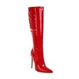 HQINGAXU Femmes Bottes Hautes Talon Aiguille Cuir Verni Pointu Grandes Tailles Marche Fermeture Éclair Côté Bottes Danse Cosplay Sexy Bottes Longues d'hiver pour Mollet Large,Rouge,40 EU