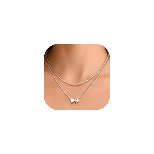 Bestyle Collar Inicial Letra M Plata Colgante Corazon Plateado Choker Gargantilla Fina Cadena de Acero Inoxidable Doble Capa 35.5cm y 40.6cm Joyas de Mujer Chica Madre Hija Novia Amiga