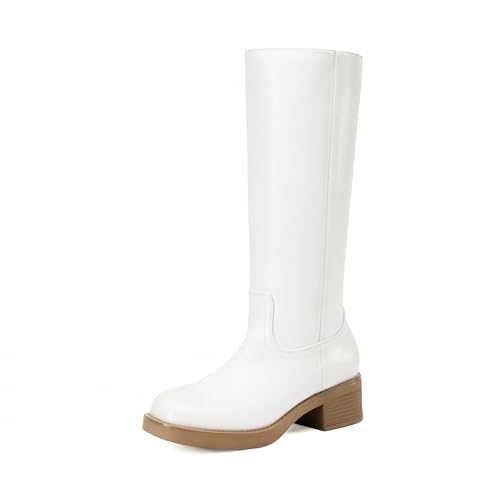 DREAM PAIRS Womens Knee High Boots Square Toe Platform Chunky Block Heel Banana Campus Boots for Women Comfortable Low Heel Side Zipper Womens Riding Tall Boots 6.5 White