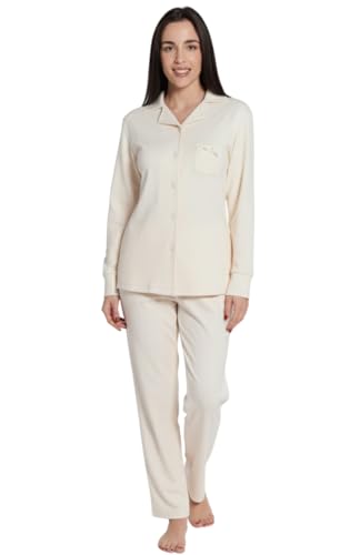 Vanuè Pijama de mujer de invierno de algodón cálido Interlock 100%. Tallas Over Size. Pijama largo de dos piezas abierto o cerrado, 642 Crema, 5XL