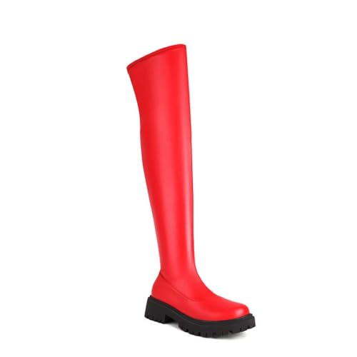 Bottes au-dessus du genou rouges à talon moyen et semelle épaisse