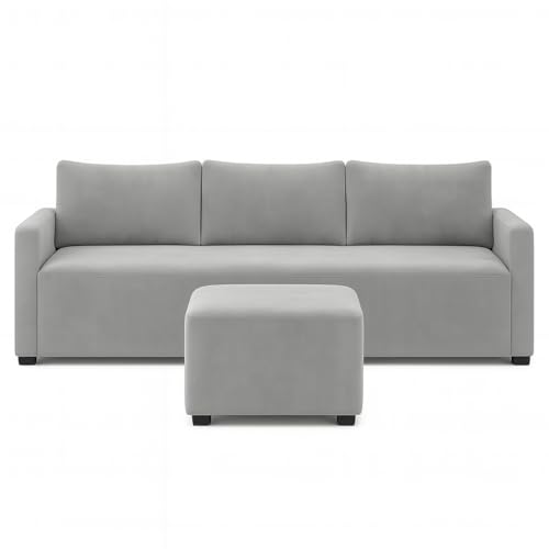 Image of FURNY Merisa Fabric 4 Seater L Shape Sofa Set 3 Seater Modern Sofa Set & Ottoman for Living Room (Light Grey) | Durable Comfort | Modern Design | Ideal for Living Room