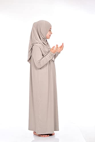 Muslim Dress For Girls Long Sleeve One-Piece Islamic Prayer Dress With Head Scarf For Muslim Girls Jilbab Hijab Muslim Girls Fashion Abayas Size : 8-12 Years Old Color: Ecru #TOP1