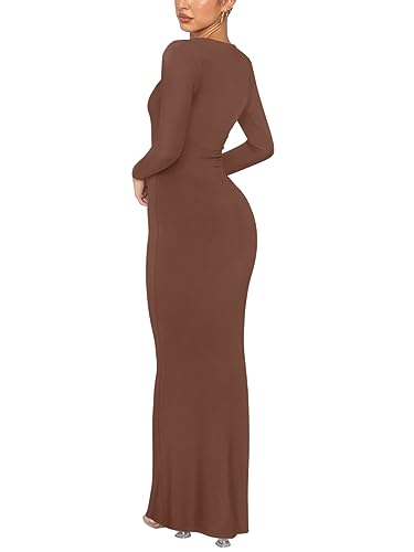 Image of REORIA Women's Sexy Crew Neck Lounge Long Dress Elegant Long Sleeve Ribbed Bodycon Maxi Dresses