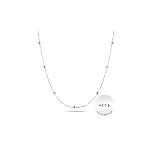 IEFWELL Solid 925 Sterling Silver Chain Necklace for Women, 1.6mm Satellite Bead Chain Necklace Shiny Sturdy Hypoallergenic Chain Necklaces, 16/18/20/22/24 Inches Dainty Silver Jewelry for Women