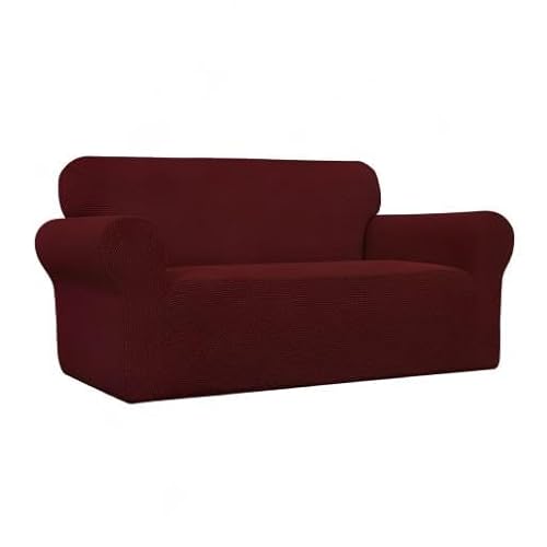 Easy-Going Stretch Loveseat Schonbezug 1 Stück Couch Sofa Abdeckung Möbelschutz Weich mit elastischem Boden für Kinder Spandex Jacquard Stoff Kleine Karos (Loveseat, Wein)