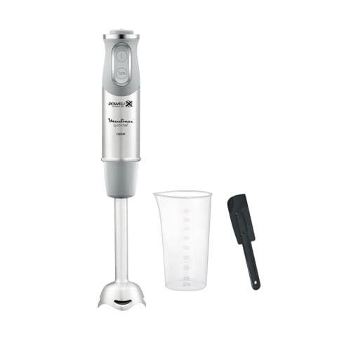 Moulinex Quickchef DD65ADES Mixeur plongeant + spatule, pied métallique, 1000 W, 10 vitesses, verre doseur 800 ml, lames Powelix, gris