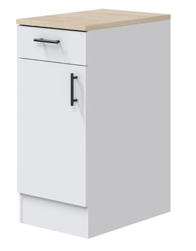 PEGANE Meuble Bas de Cuisine avec Plan de Travail, 1 Porte + 1 tiroir Coloris Blanc Brillant/chêne Canadien - Hauteur 90 x Longueur 40 x Profondeur 60 cm