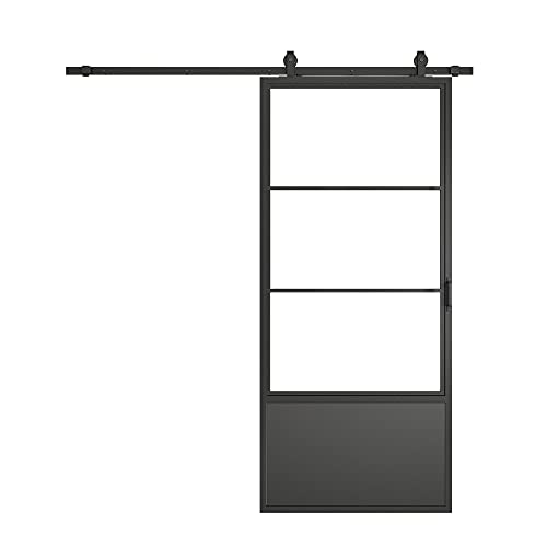 Calhome 37 in. x 84 in. 3/4 Lites 3 Frost Tempered Glass Panel Black Steel Frame Interior Barn Door...