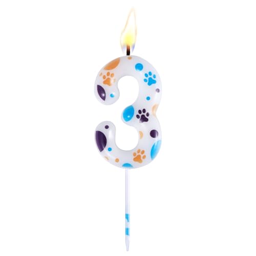 Vela de aniversário em forma de pata de cão azul, 10 cm bonita vela para cães números vela Bluey suprimentos para festas de aniversário em forma de cão azul para crianças (Número 3)