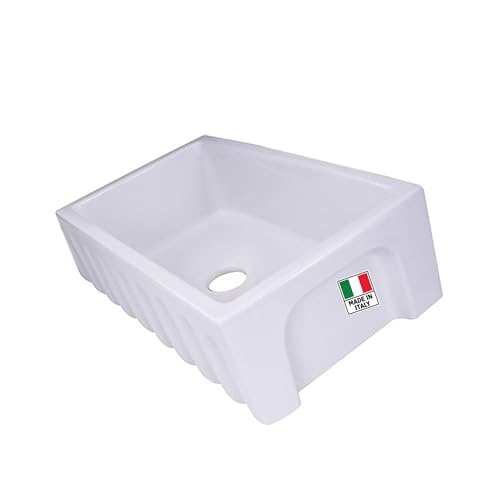 Highpoint Collection White Farmhouse Sink – Farm Sink 33 Inch with Apron for Kitchen, Made in Italy – Sturdy, Undermount, High Gloss Glaze, Scratch Resistant, Easy to Clean HP-FC33