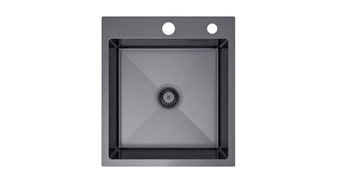 40x45cm Edelstahl Spülbecken, 1 Becken Küchenspüle Auflagespüle mit Siphon Set Edelstahlfarbe, Zwei Löcher mit Seifengerät