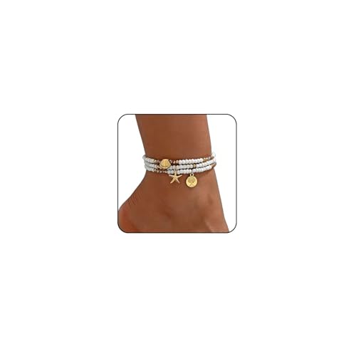 Image of Ankle Bracelets for Women Waterproof Beach Jewelry for Women Elastic Beaded Anklets Boho Seashell Pearl Starfish Anklets for Women Foot Jewelry