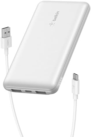 Belkin Portable Charger, USB-C Power Bank 10000 mAh w/ 1xUSB-C Port & 2xUSB-A Ports, 15W w/Type-C to Type-A Cable for iPhone 16, 16 Plus, Samsung Galaxy S25, Nintendo Switch 2 & More - White