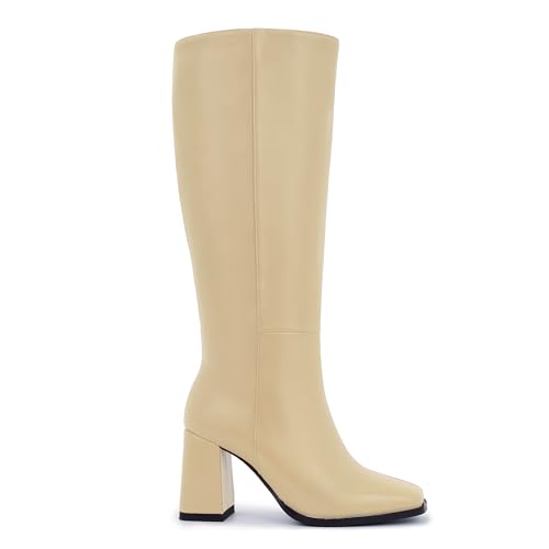 Image of Knee High Boots for Women - Wide Calf Boots with Zipper, Square Toe Tall Leather Boots, Chunky Heel Fashion Long Boots