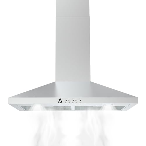 Range Hood 30 Inch, Stainless Steel Under Cabinet Range Hood with 3 Speed Exhaust Fan, Button Control, 300CFM, Round 6" Top Vent, Range Hoods with Reusable Baffle Filters, LED Lighting, Silver