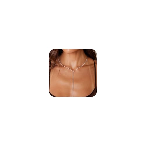 HABIKIP Long Silver Necklaces for Women Trendy, Dainty Statement Silver Lariat Y Chain Necklace Silver Prom Beach Drop Choker Necklaces Fashion Jewelry for Women