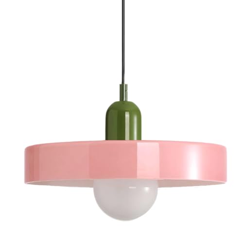 HJXDtech 35cm Lampada a Sospensione Rotondo in Vetro Colorato e Finitura Verde​​, Vintage Moderna Lampadario Sospeso da Soffitto E27 per Cucina, Sala da pranzo, Salone (Rosa)