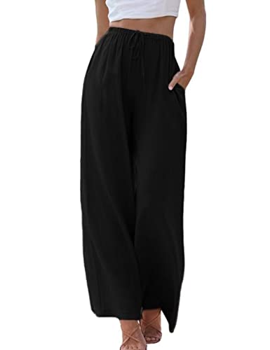 Himosyber Women Cotton Linen Pants Wide Leg High Waist Flowy Summer Beach Drawstring Pant Trouser