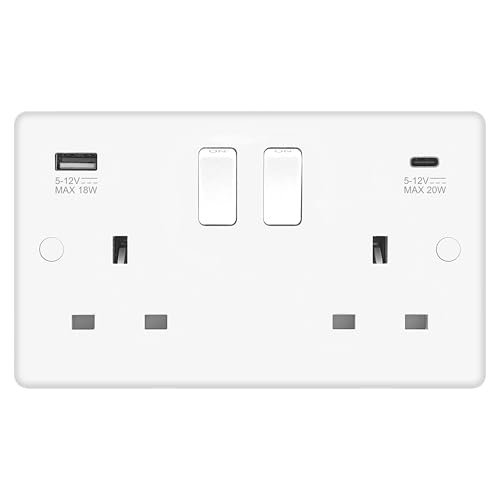 EVOGES Vector 13A 2 Gang Double Pole Switched Socket with USB A & C 20W Fast Charging – White Gloss, Built-In USB Wall Outlet, Includes Fixing Screws & Screw Caps