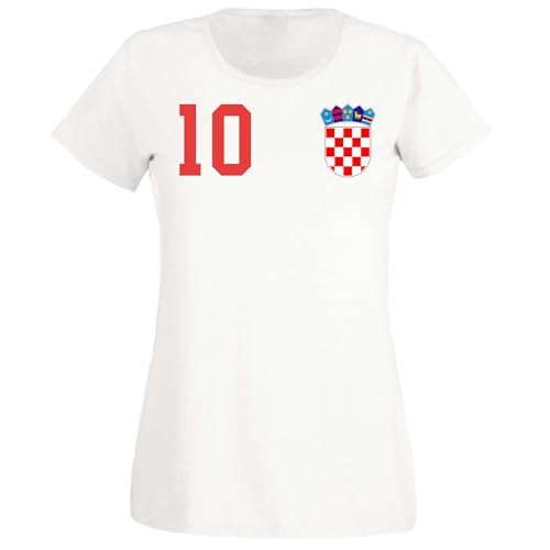 Kroatien Damen T-Shirt Hrvatska Fußball Trikot WM 2026 Fanartikel Personalisiert mit eigenem Namen + Nummer - Weiß S