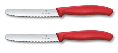 Victorinox Swiss Classic, Frühstücksmesser, Brötchenmesser Set 2teilig, Scharfe Klinge, Wellenschliff, 11 cm, Rostfreier Stahl, Rot