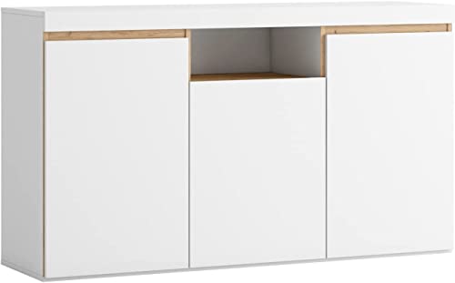 Skraut Home - Aparador Salón Comedor | 3 Puertas, 1 Hueco | 81x140x40 cm | Baldas Interiores | Fácil Montaje | Color Blanco y Madera Natural | Estilo Moderno, Clásico, Nórdico, Escandinavo