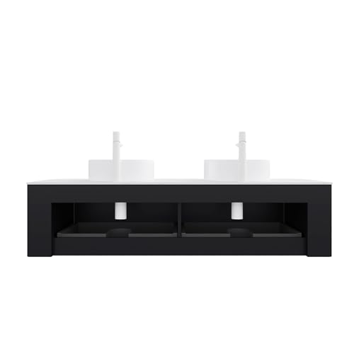 Image of KEIKI 60 inch Bathroom Vanity with Sink, Wall-Mounted Floating Bathroom Vanity with Curved Edge Striped Front, 2 Drawers & 2 Round Ceramic Basins, Pre-Assembled Storage Cabinet, Black