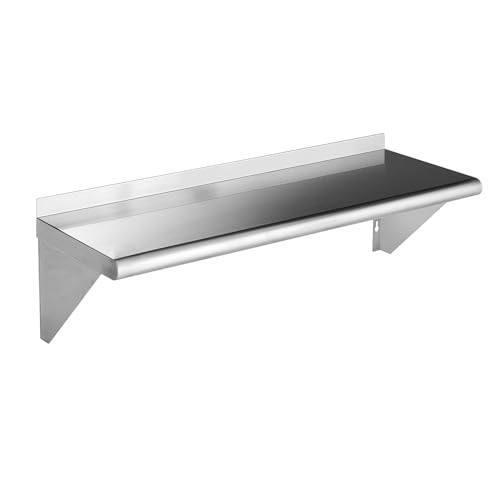 Image of ROCKPOINT Stainless Steel Shelf 12 x 36 Inches 300lb, NSF Metal Commercial Shelves Wall Mount Floating Shelving with Backsplash for Restaurant, Kitchen, Home and Hotel, Silver