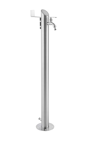 Edelstahl Wasserzapfstelle 93 cm, Garten Wasserhahn Säule aus Edelstahl 304 gebürstet, 2 Hahnanschlüsse & Schlauchhalter, Zapfsäule für Garten & Haus, inkl. Montagematerial