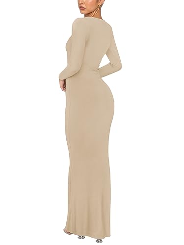 Image of REORIA Women's Sexy Crew Neck Lounge Long Dress Elegant Long Sleeve Ribbed Bodycon Maxi Dresses