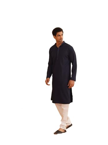 Sojanya (Since 1958 Men's Cotton Embroidered Thread Work Navy Kurta With White Churidar Pyjama
