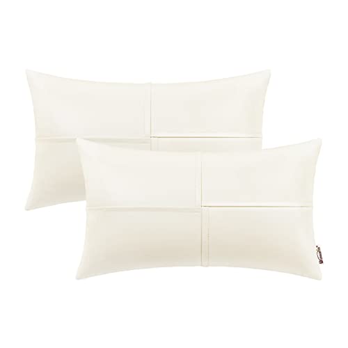BRAWARM Faux Leather Throw Pillow Covers 12 X 20 Inches, Cream Le...