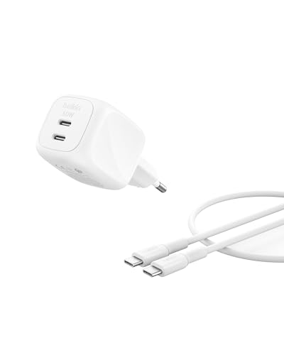 Belkin SmartProtect Caricatore USBC a 2 Porte 50W, Cavo USB C 1m Incluso, Caricatore GaN con 2 Porte USB-C, Ricarica Rapida per MacBook, iPhone 17, iPad Pro, Chromebook, S25 Ultra, Pixel 10 - Bianco
