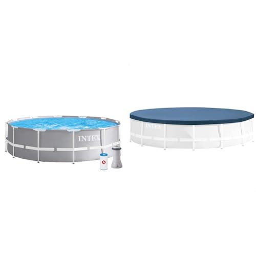 Intex 26716NP - Piscina Redonda Desmontable intex Prisma Frame 366x99 cm con depuradora & 28031 - Cobertor para Piscinas Desmontables Metal y Prism Frame 366 cm, Color Azul Marino