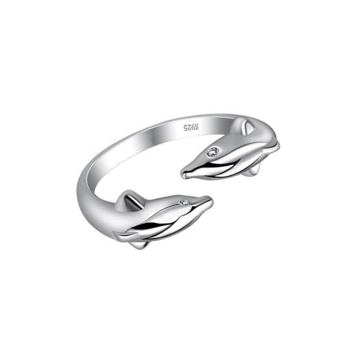 TIKODIDA Silberner Offener Fingerring mit Kreativem Delfin design Modischer Schmuck für Damen Verstellbarer Ring für Besondere Anlässe und Alltag Eleganter Fingerschmuck