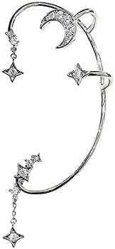 Moon Star Ear Cuff Earrings for Women Non-piercing Adjustable Silver Shining Zircon Aesthetic Cute Edgy Dangle Drop Ear Clip on Cuff Wrap Climber Crawler Earrings for Teen Girls (Silver)