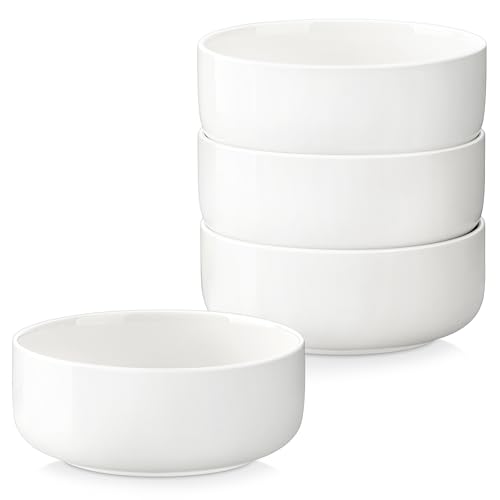 MALACASA 26 OZ Cereal Bowls, Porcelain Soup Oatmeal Bowls Kitchen Ceramic Bowls Set of 4 Dishwasher Microwave Oven Safe, White, Series LUNA