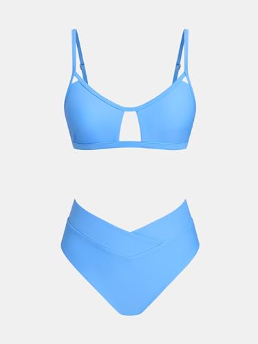 Image of CUPSHE Bikini Set for Women Bathing Suit High Waisted V Cut Bottom | Two Piece Swimsuit,Scoop Neck,Soft Removable Cups,Adjustable Straps,Cutout,Chic,Swimwear for Vacation,Beach,Pool