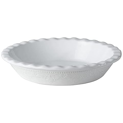 Fun Elements Pie Pan, 9 Inch Ceramic Pie Dish, Deep Dish Pie Pan with Lace Emboss, Ruffled Pie Plate for Baking, Thanksgiving Christmas Gifts(Bright White) Cover