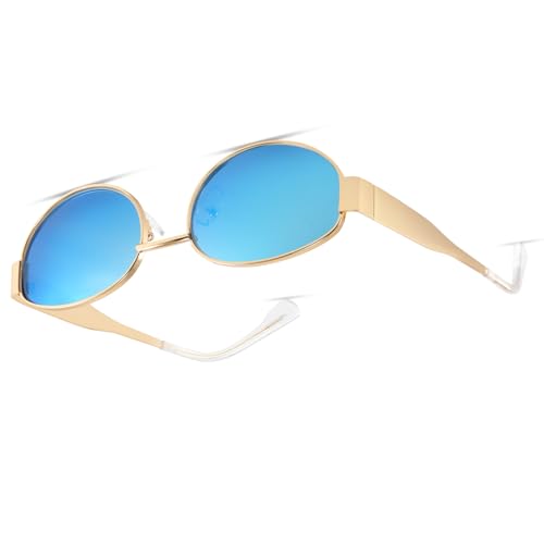 kunchu Sonnenbrille-Damen-Polarisiert-Unisex-Herren-Gold-Metal-Retro-Oval-Trendy-Sonnenbrillen-Vintage-Uv400-Classic-Ultraleicht-Schutz, Geeignet FüR Camping-fotografie-Outdoor Königsblau