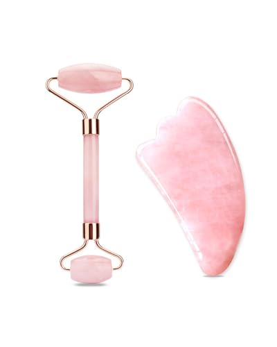 KGDUYC Gua Sha & Jade roller - 2 pcs Rodillos Faciales,cuarzo rosa GuaSha,masajeador facial gifts for women,Relajante de Los Músculos del Cuerpo, Mejora Las Bolsas de Los Ojos