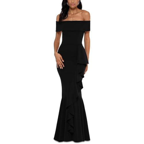 Betsy & Adam Women's Long Off Shoulder Cascade Ruffle Stretch