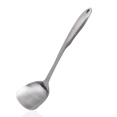 Wok Spatula 304 Stainless Steel Solid Turner for Cooking, All Metal Chinese Wok Spatula with Heat Resistant Handle, Kitchen Utensils Spatula Turner Shovel for Carbon Steel Pan, 13.7Inch/Silver