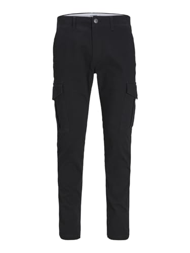 Image of JACK & JONES Mens Slim Fit Cargo Trouser Utility Pockets Ankle Height Trousers for Men UK, Black Colour, Size- 34W / 34L