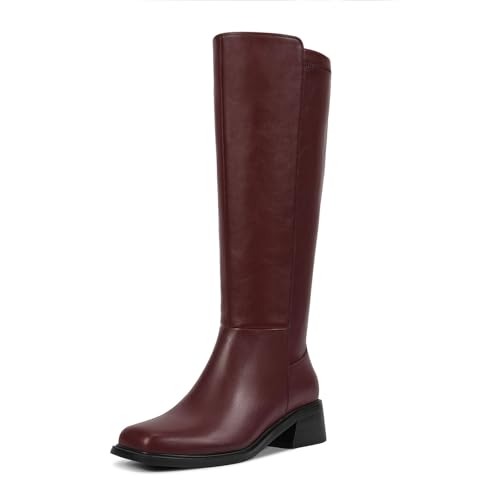 ISNOM Women’s Burgundy Knee High Boots, Chunky Heel, Zipper