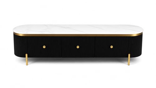 Image of Mazzo White Marble TV Unit Console | 70 inchx15 inchx18 inch | Golden Legs & Charcoal Louvers | Storage Drawers | Modern TV Stand Console Unit White Marble Top with Gold Accents, Storage (Black)
