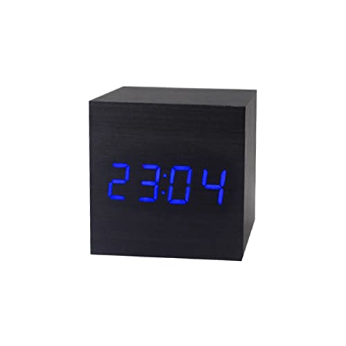 Graflsoa Factory sales led wood clock creative electronic clock square digital clock mini small alarm clock thermometer bedside clock Black wood blue word
