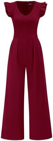 PRETTYGARDEN One Piece Jumpsuits For Women Dressy Ruffle Cap Sleeve V Neck Ribbed Knit Wide Leg Romper 2026 Spring Outfits