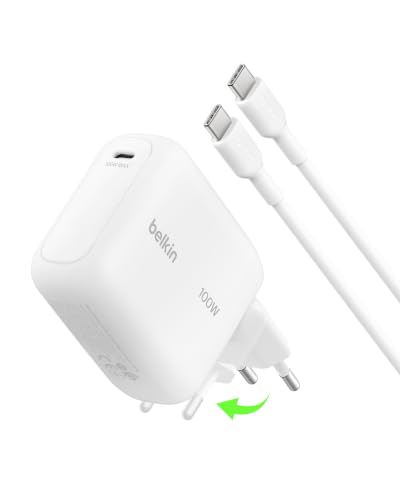 Belkin BoostCharge Chargeur Secteur GaN USB-C 100 W, Chargeur Compact Et Pliable, Recharge Rapide, pour iPhone 17, Samsung Galaxy S26, Pixel 10, Tablette, MacBook, Câble USB-C 1,5 m Fourni - Blanc